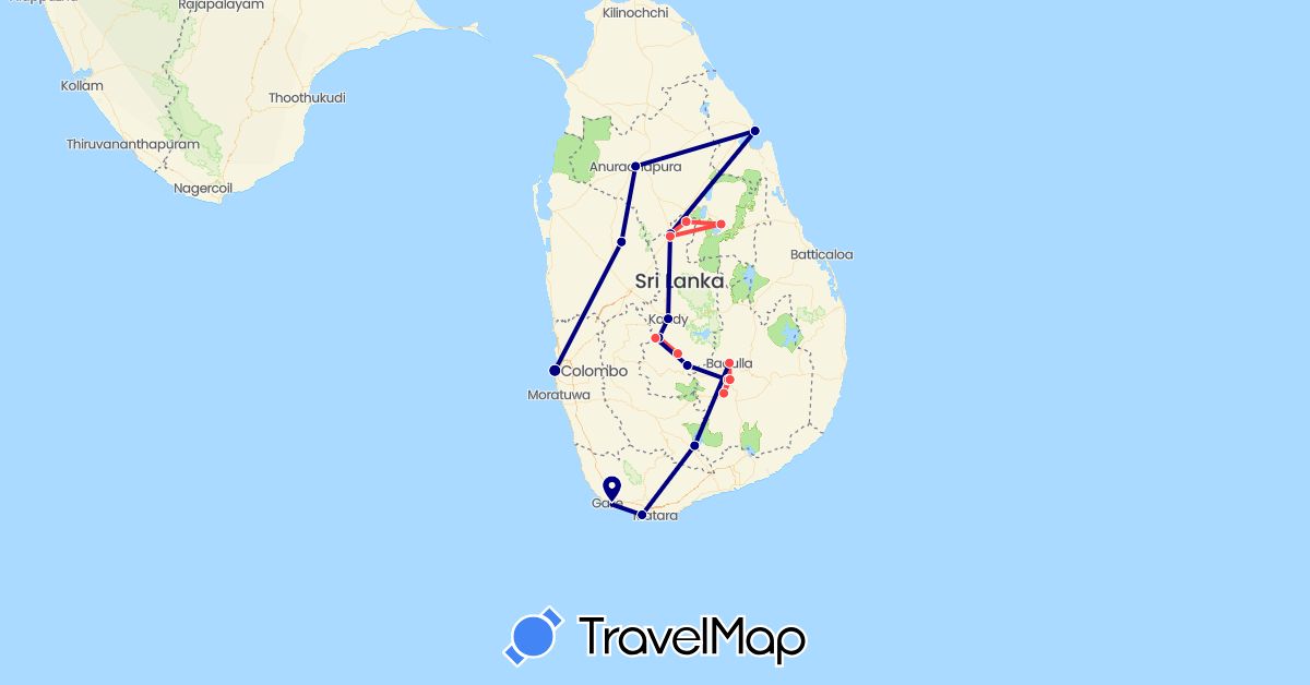 TravelMap itinerary: driving, hiking in Sri Lanka (Asia)